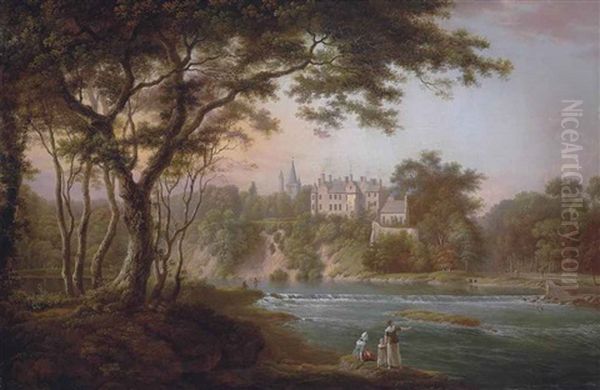 A View Of Brechin Castle, Angus, Seen From The Southbank Of The River South Esk, With The Artist Sketching And Other Figures On The Banks Oil Painting by Alexander Nasmyth