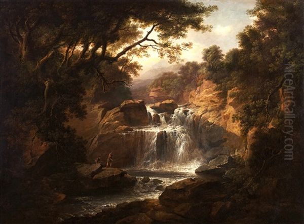 Figures Fishing By A Waterfall Oil Painting by Alexander Nasmyth