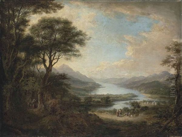 A View Of Loch Tay (from The West, At Killin, With Travellers On A Path And A Village Beyond) Oil Painting by Alexander Nasmyth