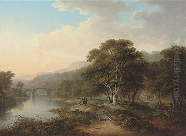 A View On The River Tweed, Near Melrose, With Figures Fishing On The Bank, A Bridge Beyond Oil Painting by Alexander Nasmyth