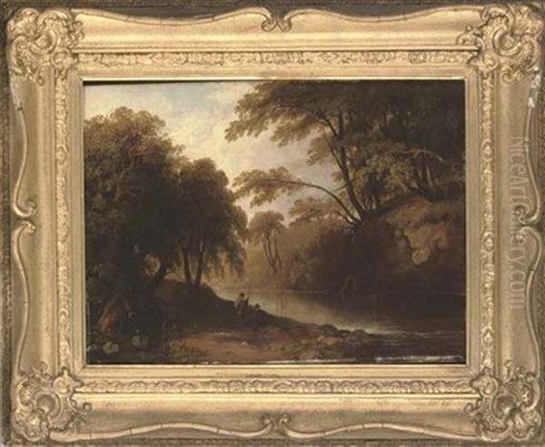 Fishing On A Quiet Stretch Of The River Oil Painting by Alexander Nasmyth