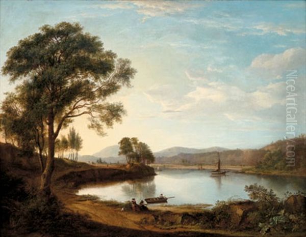 Travellers On A Roadside By A River, A Figure In A Punt In The Foreground Oil Painting by Alexander Nasmyth