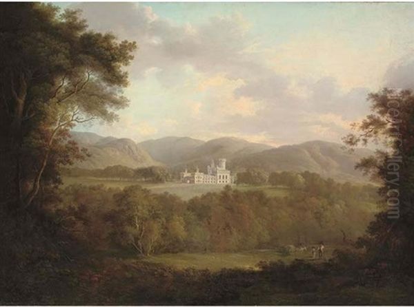 View Of Dreghorn Castle, Midlothian, With Figures And A Hay Cart In The Foreground Oil Painting by Alexander Nasmyth