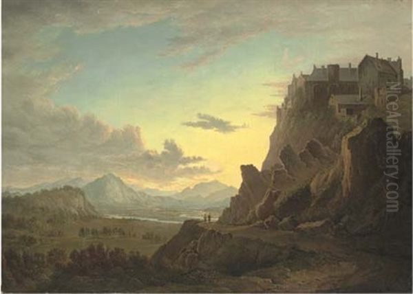 View Of Stirling Castle At Sunset, Figures On A Path In The Foreground Oil Painting by Alexander Nasmyth