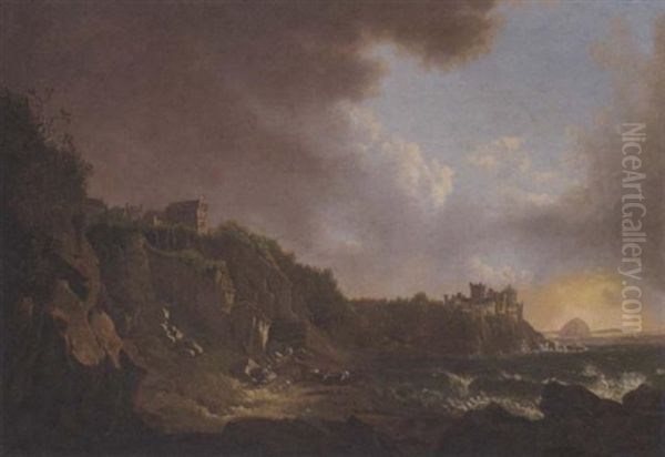 View Of Culzean Castle From The East With Ailsa Craig Beyond, Figures On The Shore Hauling A Boat Ashore Oil Painting by Alexander Nasmyth