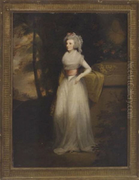 Portrait Of Mrs. Scott Of Duninald In A White Dress, A Pink Sash And Yellow Wrap, By A Plinth In A Landscape Oil Painting by Alexander Nasmyth