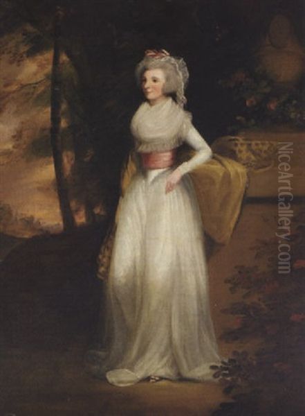 Portrait Of Mrs. Scott Of Duninald In A White Dress, A Pink Sash And Yellow Wrap, By A Plinth In A Landscape Oil Painting by Alexander Nasmyth