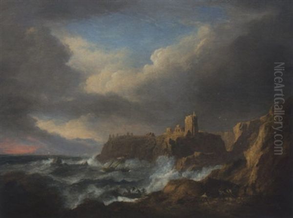 View Of Dunnottar Castle, With Figures On A Beach Watching A Ship On The Rocks Oil Painting by Alexander Nasmyth