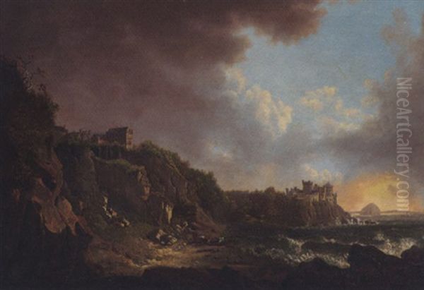 View Of Culzean Castle From The East With Ailsa Craig Beyond, Figures On The Shore Hauling A Boat Ashore Oil Painting by Alexander Nasmyth