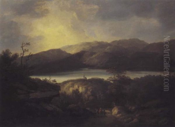 View Of A Loch, Figures On A Rocky Path Before Oil Painting by Alexander Nasmyth