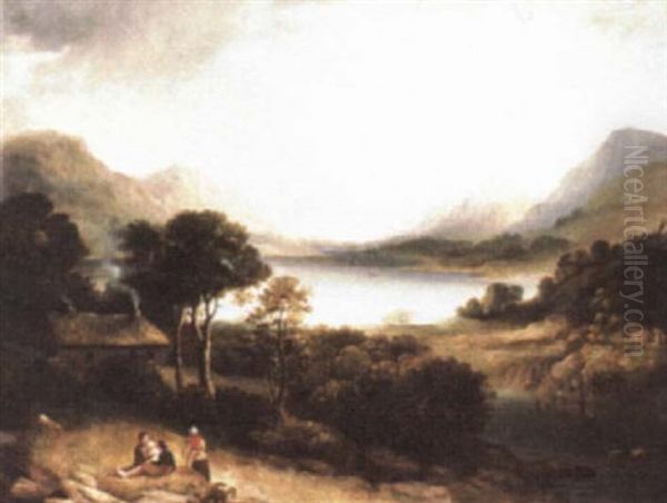 Figures Resting Outside A Cottage By A Highland Loch Oil Painting by Alexander Nasmyth