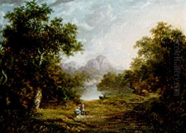 Figures In A Wooded Lake Landscape With Mountains Beyond Oil Painting by Alexander Nasmyth