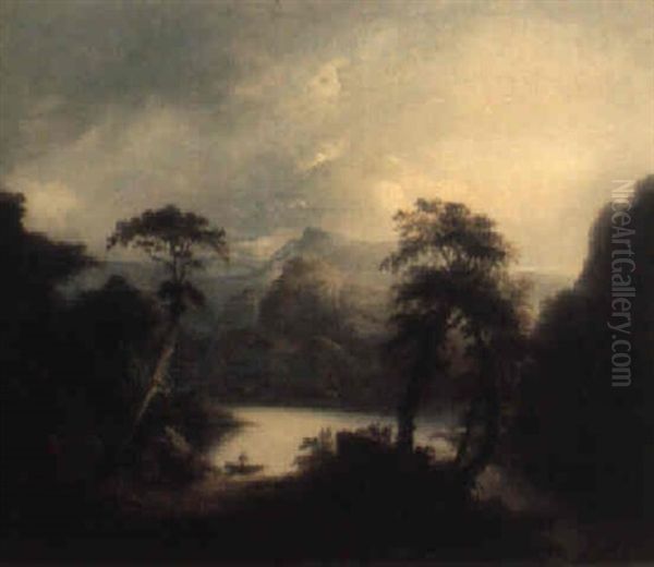 Mountainous Landscape With A Figure In A Boat Oil Painting by Alexander Nasmyth