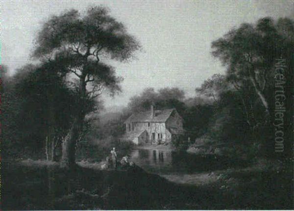 A Wooded River Landscape With A Cottage And Figures Beside A Pond Oil Painting by Alexander Nasmyth