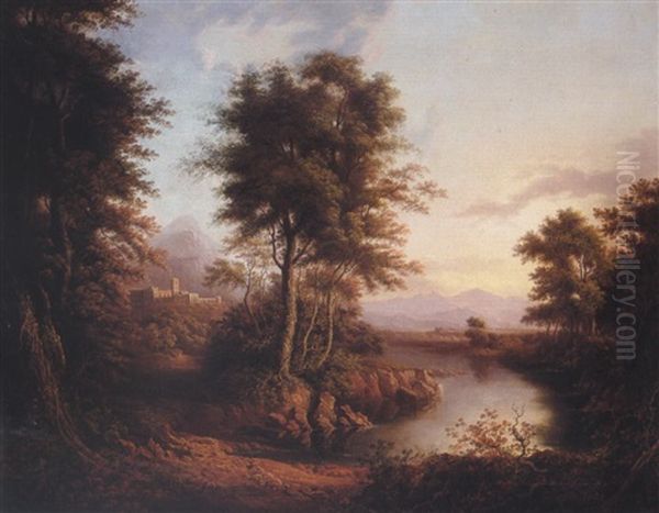 River Landscape With A Distant View Of A Castle Oil Painting by Alexander Nasmyth