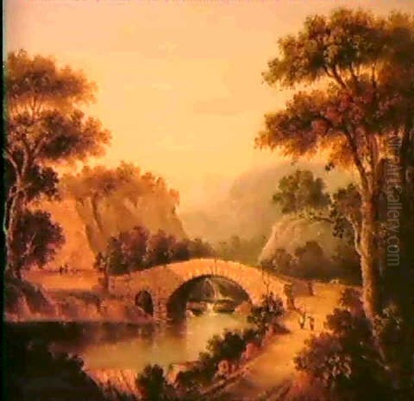 Figures Before A Bridge, In A Mountainous River Landscape   Also Figures Fishing In A Mountainous Lake Landscape Oil Painting by Anne Gibson (Bennett) Nasmyth