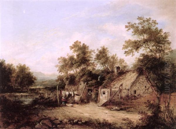 Peasant Woman Hanging Washing Before A Thatched Cottage Oil Painting by Barbara Nasmyth