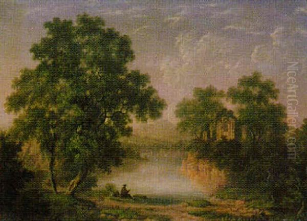 A Capriccio Landscape With Ruins By A Lake Oil Painting by Charlotte Nasmyth