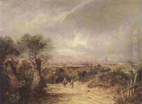 Travellers On A Path In Hampstead With A View Of London Beyond Oil Painting by Charlotte Nasmyth