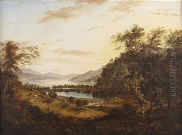 A Panoramic Highland Landscape With Distant Lochside Town Oil Painting by Elizabeth Nasmyth