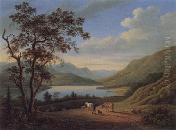 Driving Cattle By A Loch Oil Painting by Elizabeth Nasmyth