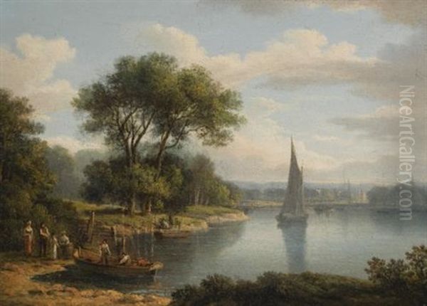 A View Of Richmond Bridge; And A Highland Landscape, With A Castle By A Lake Shore (pair) Oil Painting by Jane Nasmyth