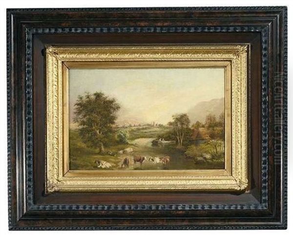 Blick In Eine Weite Landschaft. Im Vordergrund Kuhe Am Ufer Eines Kleinen Sees Oil Painting by Jane Nasmyth