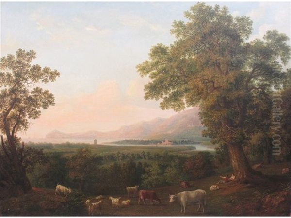 A Wooded Coastal Landscape With Cattle And Drovers By A Tree Oil Painting by Margaret Nasmyth