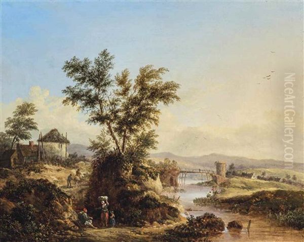 Travellers On A Riverside Path Oil Painting by Patrick Nasmyth