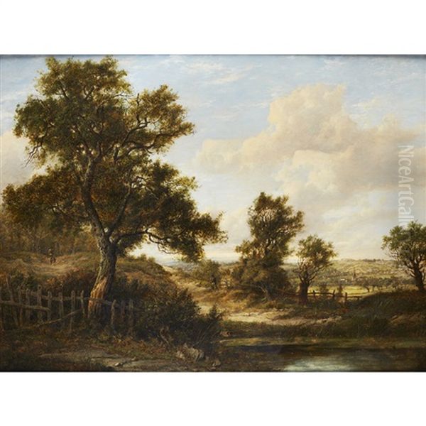 Figures In A Wooded River Landscape Oil Painting by Patrick Nasmyth