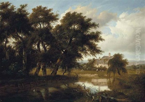 Old Cottages On The River Brent Oil Painting by Patrick Nasmyth