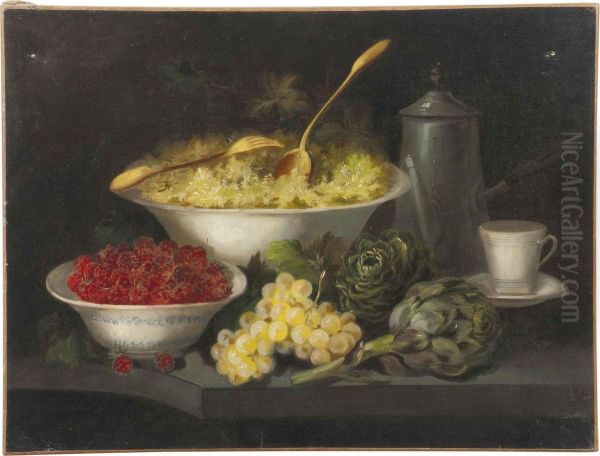 Fruit With A Chocolate Pot And A Saucer On A Ledge Oil Painting by Peter Paul Binoit