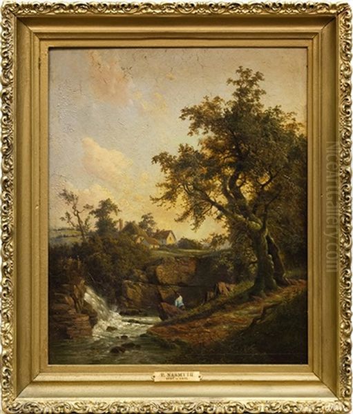 Fisherman Near Dam Oil Painting by Patrick Nasmyth