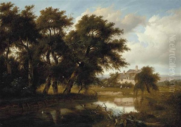 Old Cottages On The River Brent Oil Painting by Patrick Nasmyth