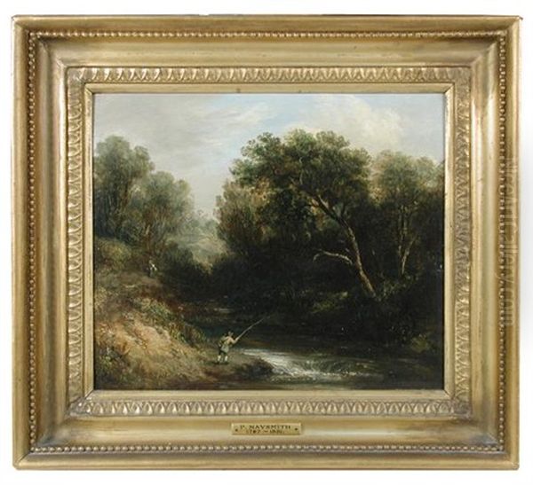 A Fisherman Fishing Watched By A Walker On A Track Oil Painting by Patrick Nasmyth