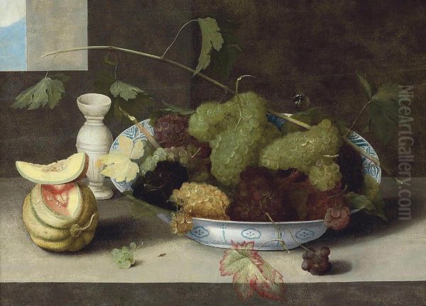 A Kraak Porcelain Bowl Of Grapes, With A Cut Melon And A Stoneware Vase On A Stone Ledge Oil Painting by Peter Paul Binoit