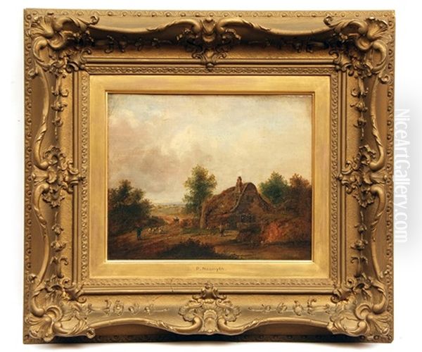 Shepherd And Sheep And Further Figures In A Lane By Thatched Cottage Oil Painting by Patrick Nasmyth