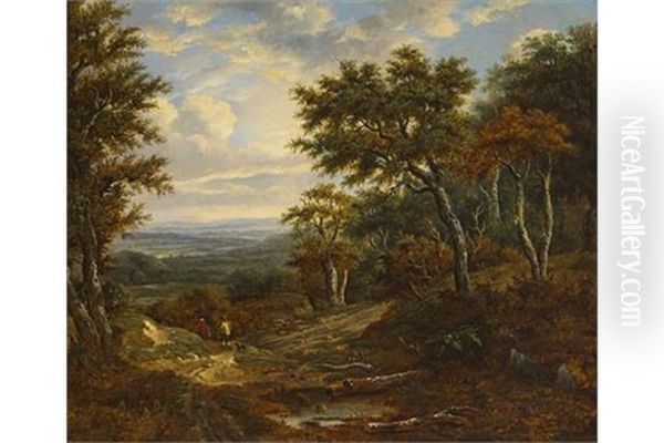 Extensive Landscape With Figures And Dog On A Path At The Edge Of A Wood Oil Painting by Patrick Nasmyth