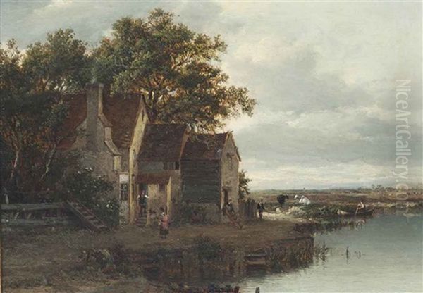 A River Landscape With Figures By A Cottage, Cattle Beyond Oil Painting by Patrick Nasmyth