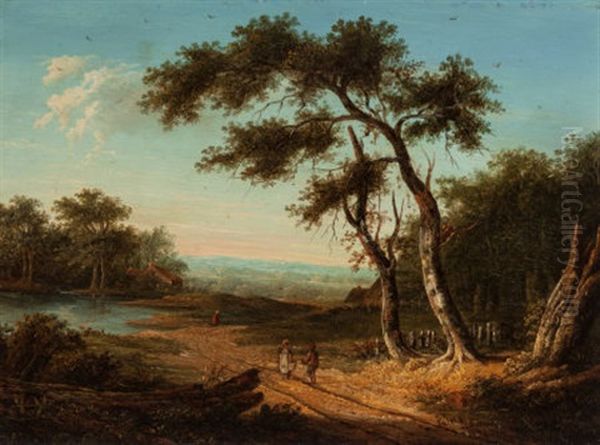 Figures On A Sunlit Country Road Oil Painting by Patrick Nasmyth