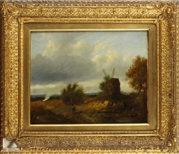 Figure On A Country Path, A Windmill Nearby Oil Painting by Patrick Nasmyth