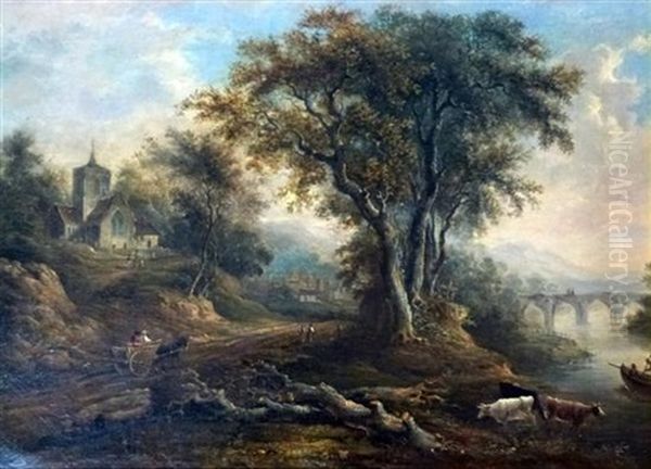 Landscape With Cattle, Church And Figures On A Bridge In The Distance Oil Painting by Patrick Nasmyth