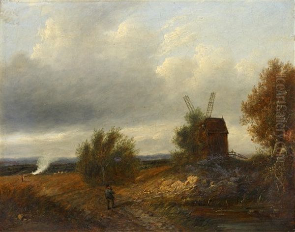 Figure On A Country Path, A Windmill Nearby Oil Painting by Patrick Nasmyth