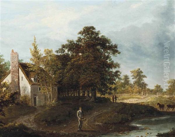 A Figure Before A Cottage Oil Painting by Patrick Nasmyth