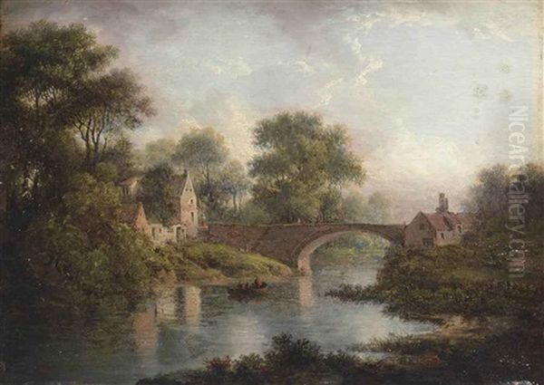 A Wooded River Landscape, With Figures On A Boat, A Bridge And A Village Beyond Oil Painting by Patrick Nasmyth