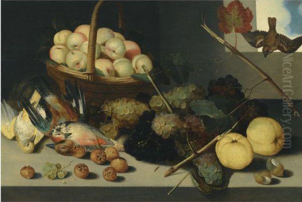 A Still Life With A Basket Of Peaches, Grapes, Snail Shells,medlers And Dead Game, All Arranged Beneath An Open Window Oil Painting by Peter Paul Binoit