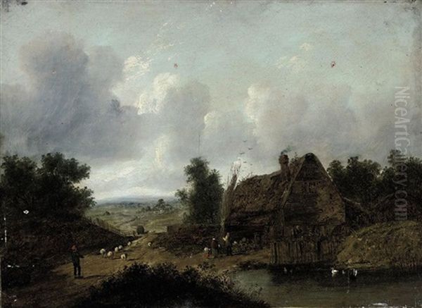 Figures Beside A Cottage, A Pool In The Foreground And A Shepherd Driving His Flock Along A Country Road Oil Painting by Patrick Nasmyth