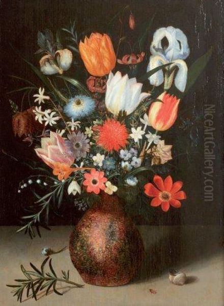 Nature Morte Au Bouquet De Fleurs Dispose Sur Un Entablement Oil Painting by Peter Paul Binoit