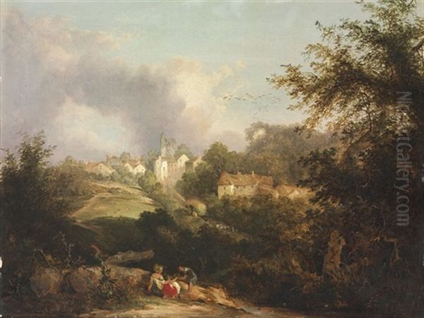 View Of A Hilltop Villiage, With Children In The Foreground Oil Painting by Patrick Nasmyth