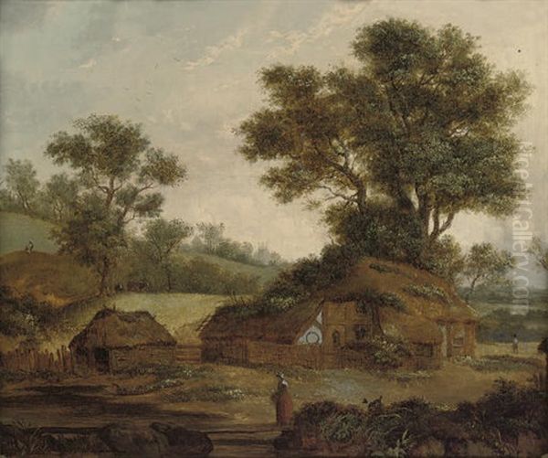 A Wooded River Landscape With A Figure Resting By The Bank, Cottages Beyond Oil Painting by Patrick Nasmyth